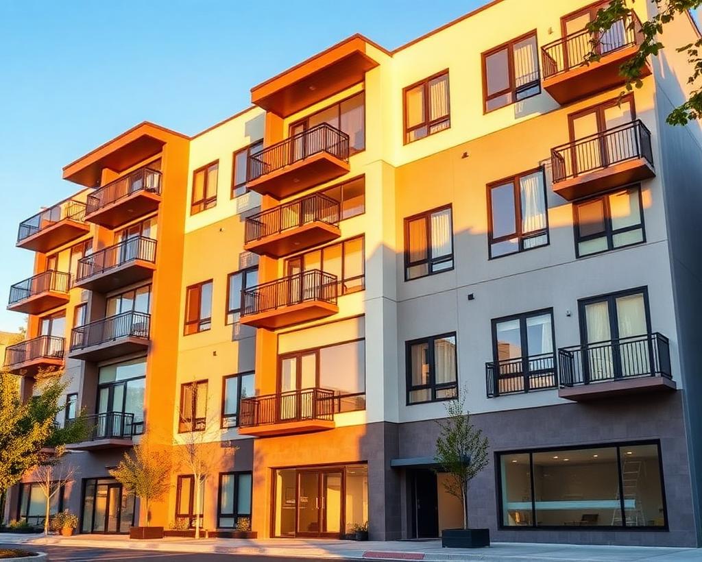 Modern affordable housing apartment building at golden hour